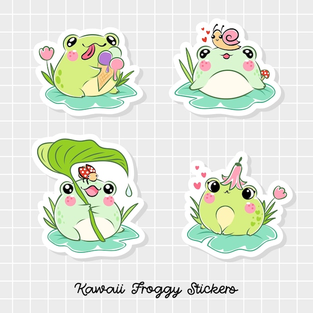 Kawaii kikker stickers illustratie voor kinderen