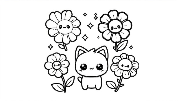 Kawaii Kitty Meets a Charming Flower A Coloring Treat