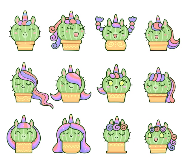 Vector kawaii kleine eenhoorn cactus set, happy cartoon stijl