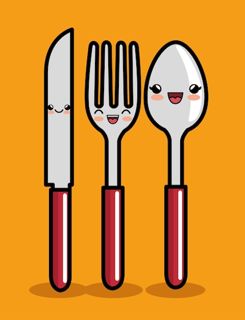 kawaii knife spoon and fork icon design 