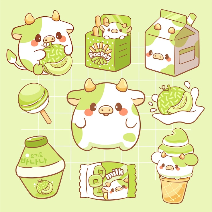 Vector kawaii koeien- en meloenmelkproduct melk snoep melk dessert schattige sticker