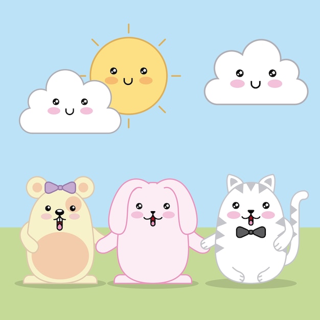 Kawaii konijn muis en kat cartoon wolken en zon