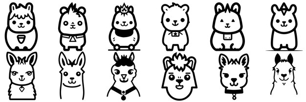 Kawaii lama alpaca silhouetten instellen groot pak van vector silhouet ontwerp geïsoleerde witte achtergrond