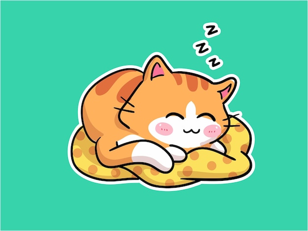 ベクトル 枕のイラストで眠っているカワイイ小さな猫のキャラクター