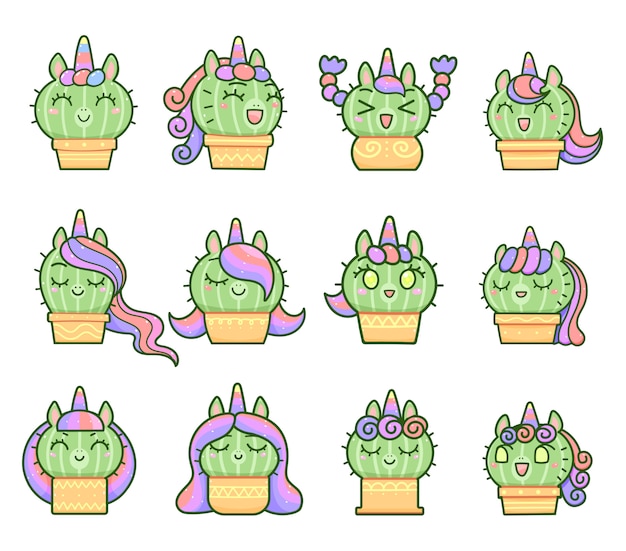 Kawaii little unicorn cactus set, happy cartoon style