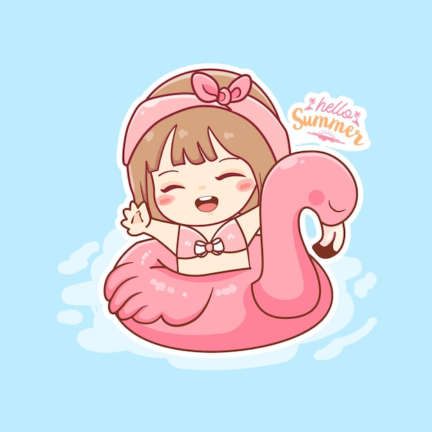 Kawaii meisje zwemmen met flamingo ballonnen zomervakantie achtergrond