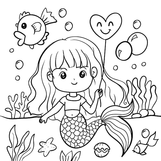かわいい人魚のぬりえページのイラスト