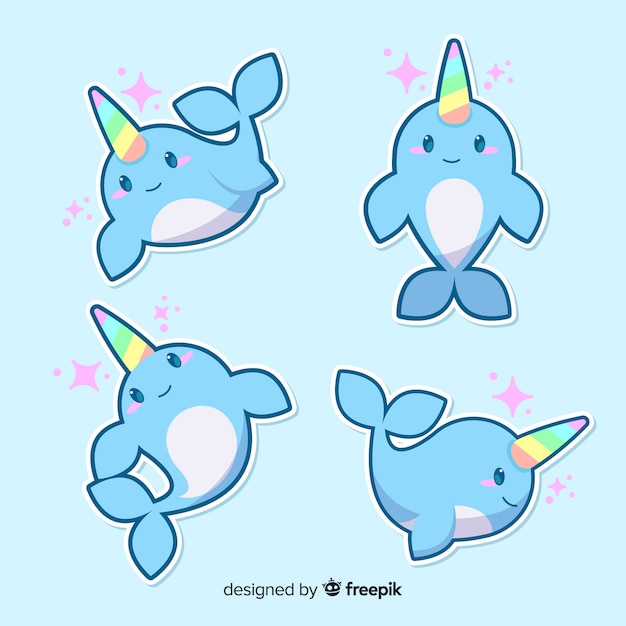 Vector kawaii narwhal character collection