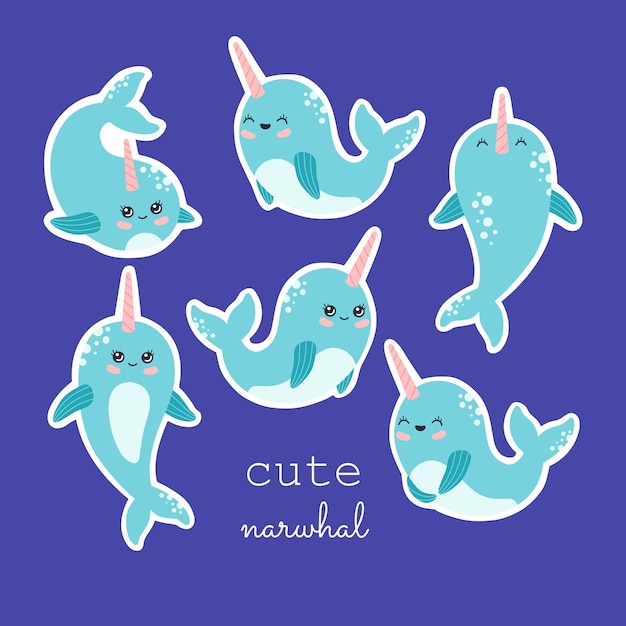 Коллекция наклеек Kawaii Narwhal, милый китовый набор. Ручной обращается океанские животные с розовым рогом, пастельный цвет, современные модные векторные иллюстрации, плоский мультяшный стиль, изолированные на синем фоне