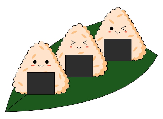 Kawaii onigiri set with smiling face and pink cheeks.