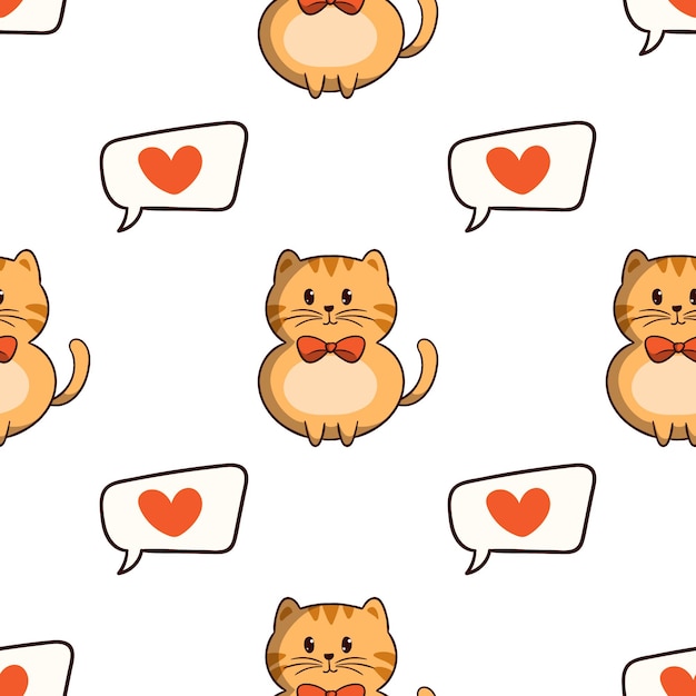 Gatto arancione kawaii con icone di amore nel reticolo senza giunte con stile doodle colorato su sfondo bianco