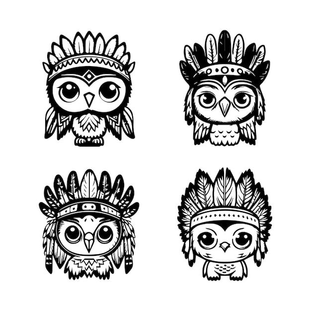 kawaii owl wearing Indian chief accessories collection