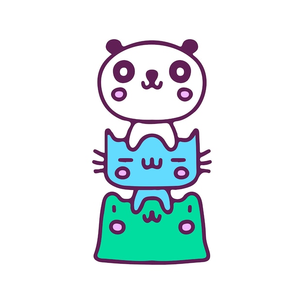 Kawaii panda, cat, and frog mascot, illustration for t-shirt, sticker.