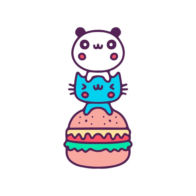 Vector kawaii panda and cat with burger, illustration for t-shirt, sticker, or apparel merchandise.