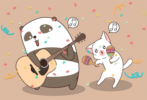 Kawaii panda en kat spelen muziekinstrument