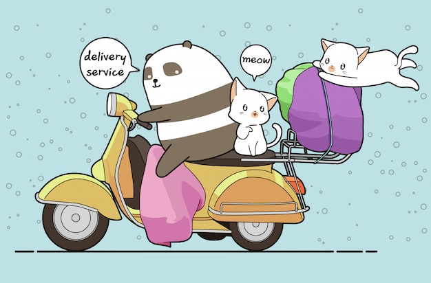 Каваи Панда катается на мотоцикле с 2 кошками для службы доставки