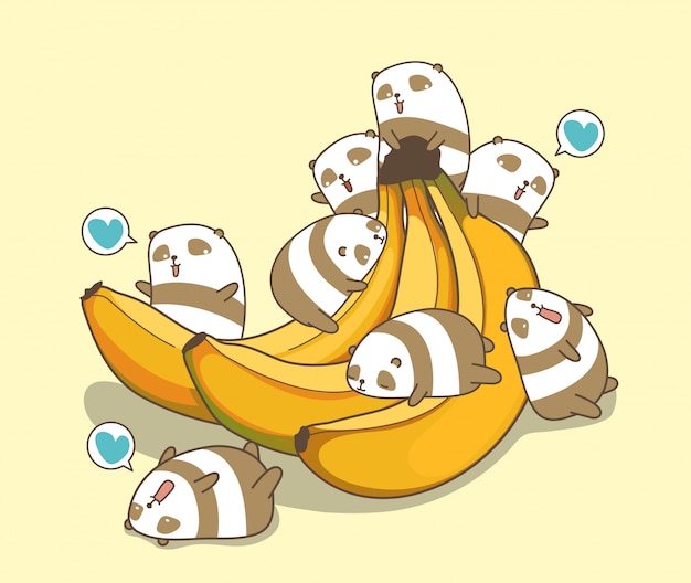 I panda kawaii adorano la banana