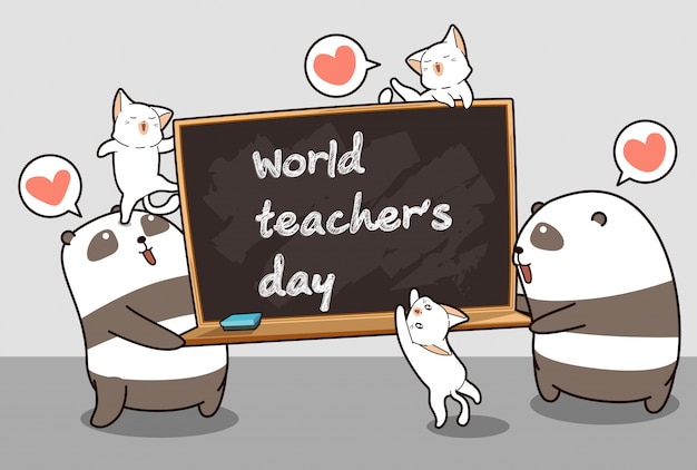 Kawaii pandas and cats are holding a blackboard in world teacher's day