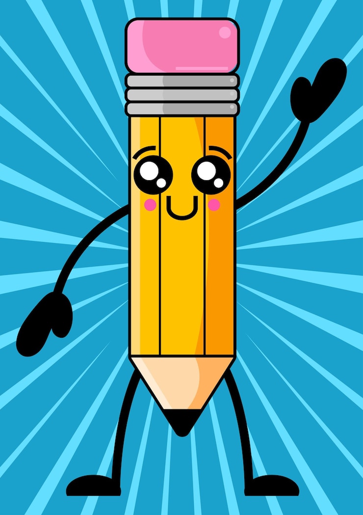 Vector kawaii pencil waving and smiling, vector baby pencil illustration on flashy background