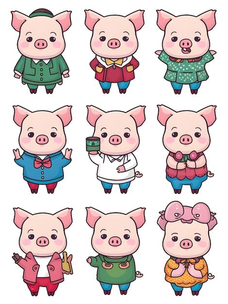 Вектор Коллекция kawaii piglet clipart 9 милых наклейки для дизайна декораций