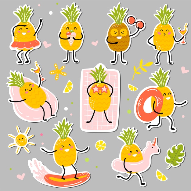 Vector kawaii pineapples stickers enjoying summer activities.