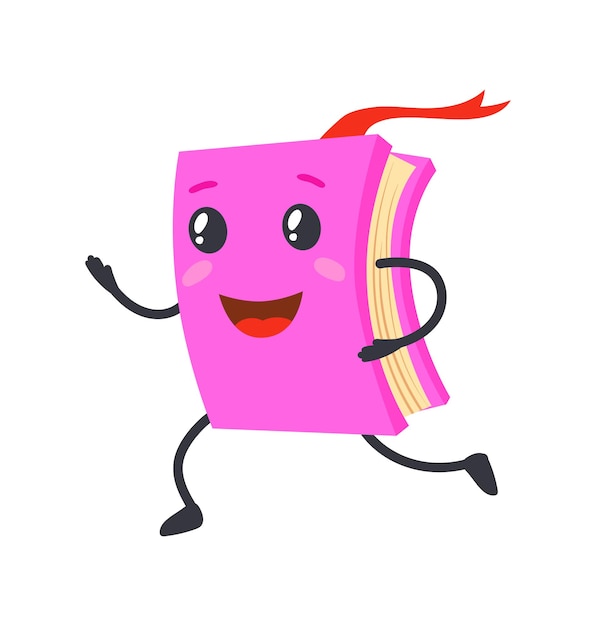 Vector kawaii pink book. running with red bookmark, cute textbook character, fun learning, cartoon icon vector illustration isolated on white background