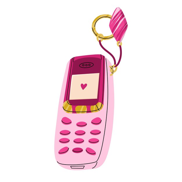 Cellulare rosa kawaii in stile anni 2000 con portachiavi elegante accessorio retrò per ragazze design adesivo o stampa per maglietta e cartolina illustrazione vettoriale isolato su sfondo bianco