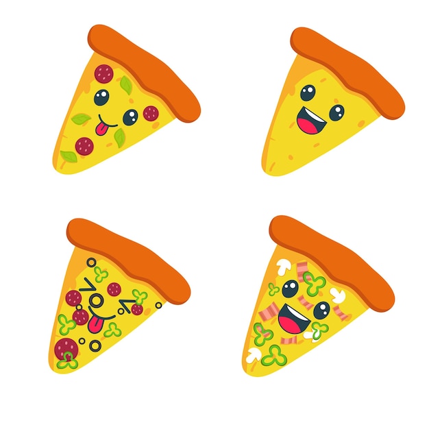 Kawaii pizzaplakken in verschillende smaken Een illustratie van fastfood