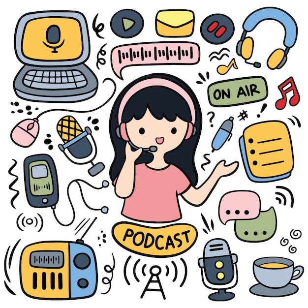 Kawaii podcast equipment in doodle style illustration