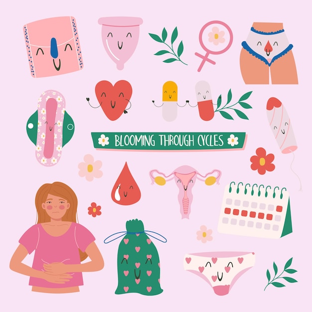 Kawaii producten voor vrouwelijke hygiëne collectie hand getrokken stijl Menstruatie periode vrouw