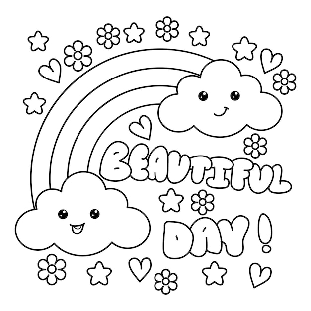 Kawaii rainbow and clouds coloring page illustration