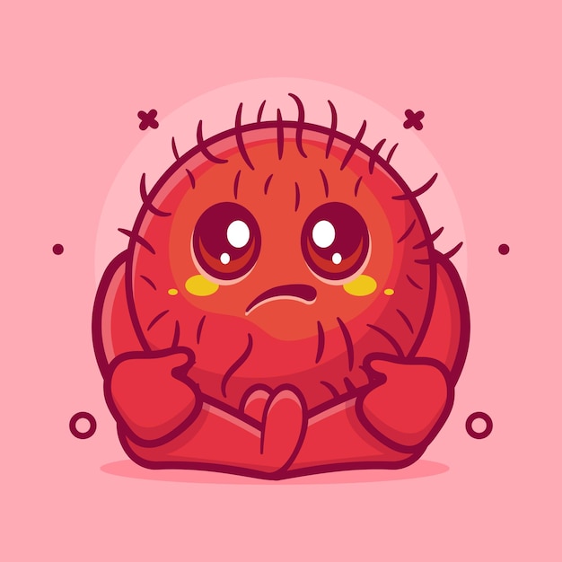 kawaii rambutan fruit character mascot with sad expression isolated cartoon in flat style design