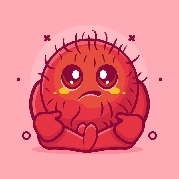 Kawaii rambutan fruit character mascot with sad expression isolated cartoon in flat style design