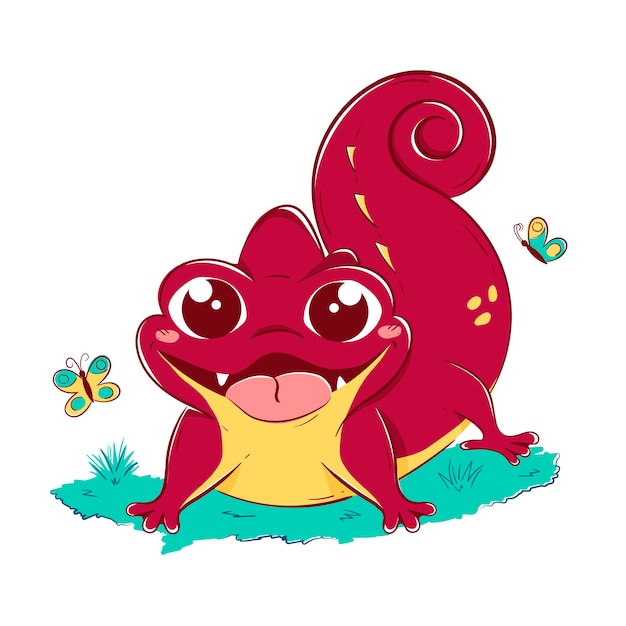 Kawaii red lizard playing with butterflies