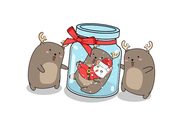 Kawaii reindeer and Santa cat inside the bottle with friends