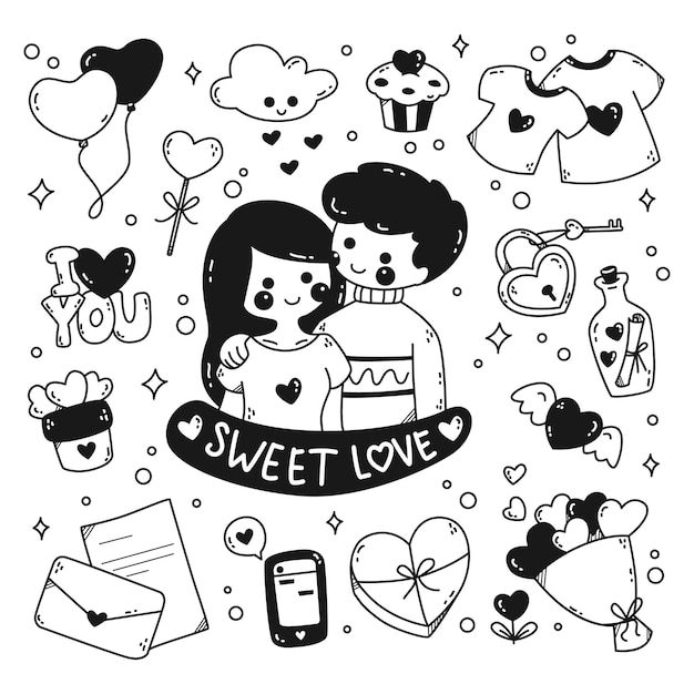 Kawaii coppia romantica doodle line art isolato su sfondo bianco