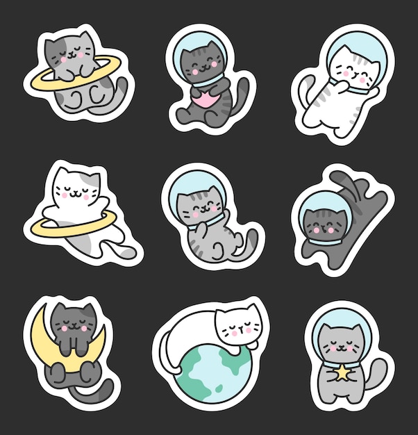 Vector kawaii ruimte schattige kat sticker bookmark huisdieren cartoon personage kitten astronauten handgetekende stijl