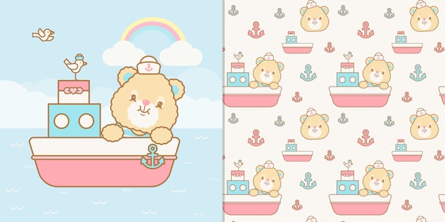 Kawaii sailor bear illustration and seamless pattern