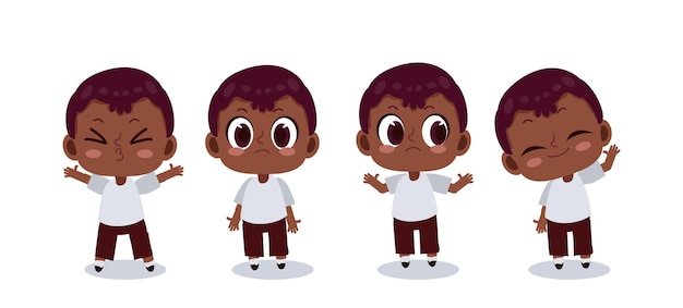 Kawaii schattig Afro-Amerikaanse jongen karakter in verschillende emotie cartoon vectorillustratie