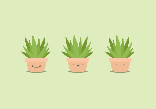 Kawaii schattig aloevera plant in klei pot cartoon vector illustratie emoji functies glimlach blij en slapende uitdrukking gezicht