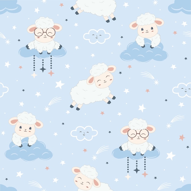 Kawaii schattig schapen naadloos patroon. Kinderachtig Cartoon Dieren Achtergrond. Vectorillustratie