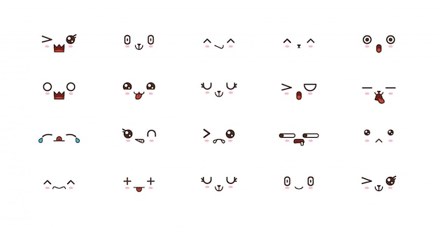 Kawaii schattige gezichten glimlachen emoticons. japanse emoji