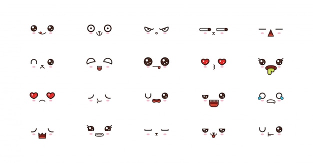 Kawaii schattige gezichten glimlachen emoticons. japanse emoji