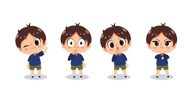 Kawaii schattige jongen karakter in verschillende emotie cartoon vectorillustratie