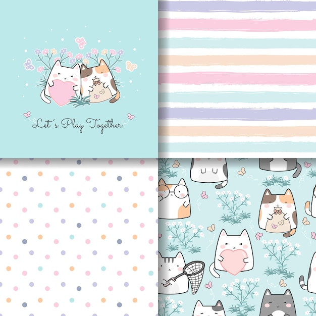 Kawaii schattige kat Play Together naadloze patroon set. Cartoon dieren achtergrond, vectorillustratie,