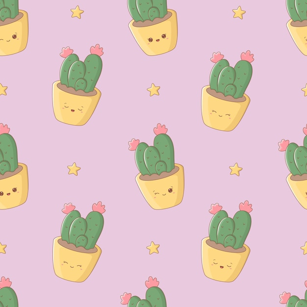 Kawaii seamless pattern with funny cactuses