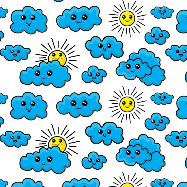 Kawaii seamless pattern with funny sun and cloud.