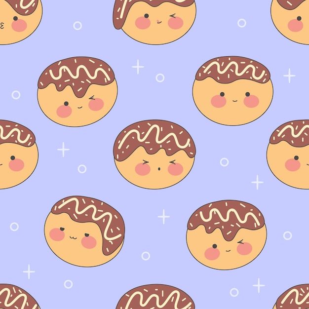 Kawaii seamless pattern with takoyaki Japanese cuisine in cute cartoon style Traditional Japanese