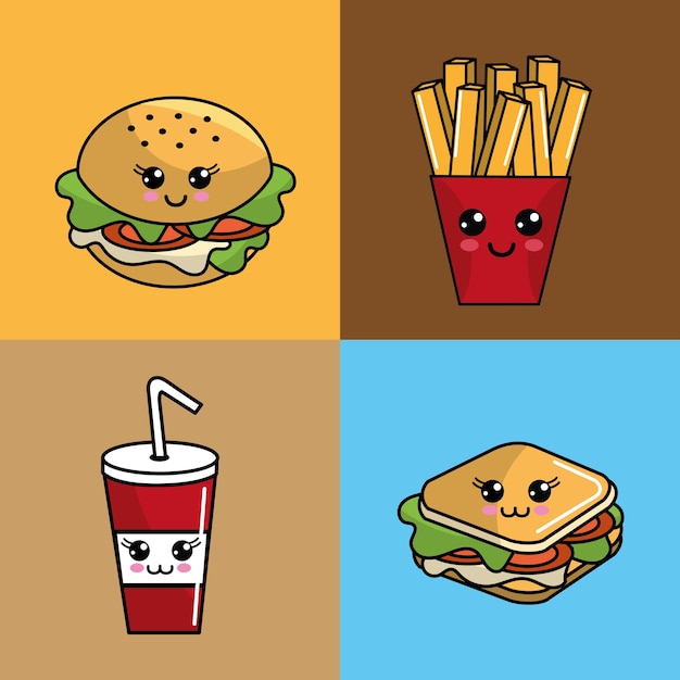 kawaii set fast food icon adorable expression