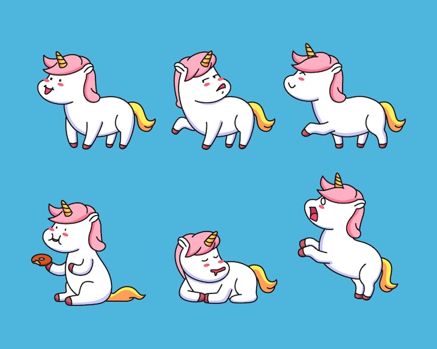 Vector kawaii set little unicorn pose